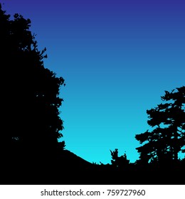 Vector landscape silhouette. Realistic trees, woods, hills and mountain silhouettes on night and evening sky. Outdoor nature scene