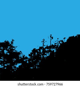 Vector landscape silhouette. Realistic trees, woods, hills and mountain silhouettes on night and evening sky. Outdoor nature scene