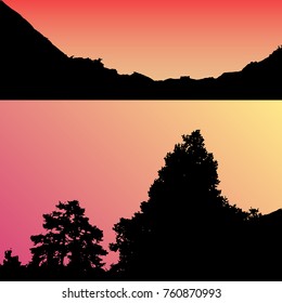 Vector landscape silhouette. Realistic trees, woods, hills and mountain silhouettes on night and evening sky. Outdoor nature scene
