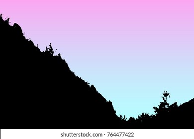 Vector landscape silhouette. Realistic trees, woods, hills and mountain silhouettes on night and evening sky. Outdoor nature scene