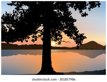  Vector landscape. Silhouette of tree on the background of colorful sky and panorama of mountains. Colorful sunset. Eps 10.