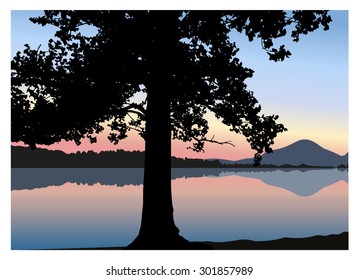 Vector landscape. Silhouette of tree on the background of colorful sky and panorama of mountains. Sunset. Blue and pink tones. Eps 10.