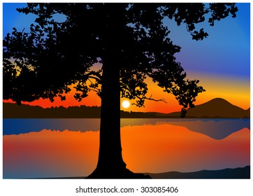  Vector landscape. Silhouette of tree on the background of colorful sky and panorama of mountains. Colorful sunset. Eps 10.