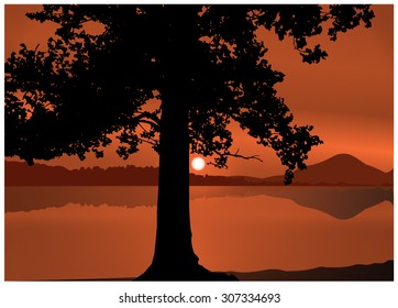 Vector landscape. Silhouette of tree on the background of sunset and panorama of mountains. Sepia. Eps 10.