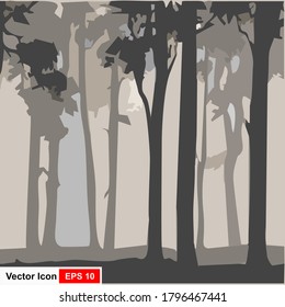 Vector landscape with silhouette of trees in misty forest.