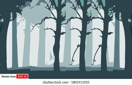 Vector landscape with silhouette of trees in misty forest. 