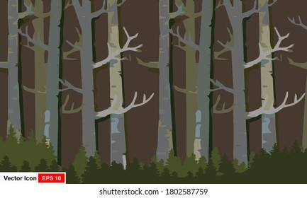 Paisaje vectorial con silueta de árboles en un bosque nublado.