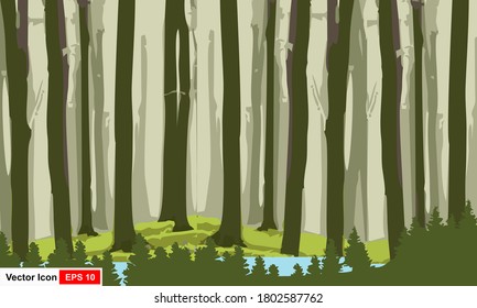 Vector landscape with silhouette of trees in misty forest.