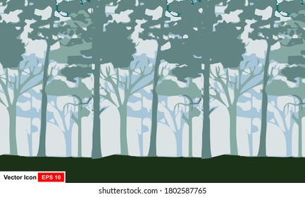 Vector landscape with silhouette of trees in misty forest.