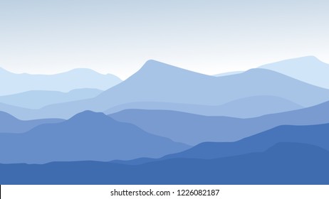 Vector landscape with silhouettes of blue mountains with mist 