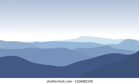Vector landscape with silhouettes of blue mountains with mist 