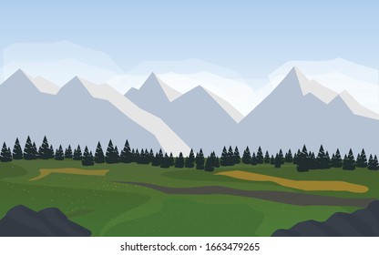 vector landscape with silhouettes of blue mountains