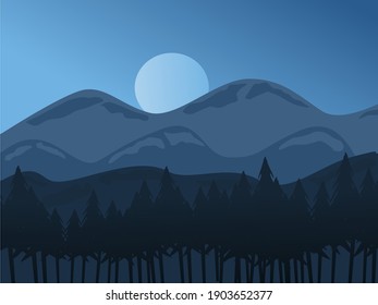 Vector landscape with silhouettes of blue mountains with mist 