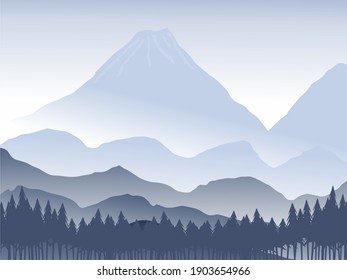 Vector landscape with silhouettes of blue mountains with mist 