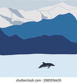 Vector landscape and silhouettes blue mountains   snowy peaks and mist   cold sunlight panorama  picturesque mountain lake ocean and dolphin diving