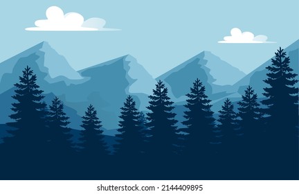 Vector landscape with silhouettes of blue mountains with mist and cold sunlight