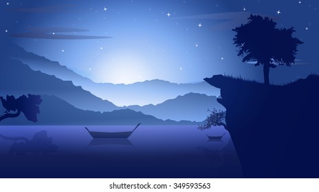Vector landscape with silhouettes of blue mountains hill with mist, fog, and forest sunrise and sunset in mountains. Nature concept beautiful outdoor background abstract. For a poster, banner, website
