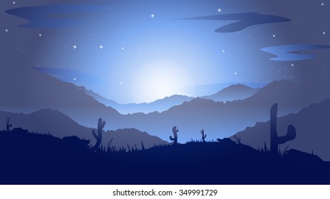 Vector landscape with silhouettes of blue mountains hill with mist, fog, and forest sunrise and sunset in mountains. Nature concept beautiful outdoor background abstract. For a poster, banner, website