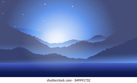 Vector landscape with silhouettes of blue mountains hill with mist, fog, and forest sunrise and sunset in mountains. Nature concept beautiful outdoor background abstract. For a poster, banner, website