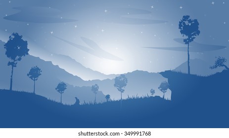 Vector landscape with silhouettes of blue mountains hill with mist, fog, and forest sunrise and sunset in mountains. Nature concept beautiful outdoor background abstract. For a poster, banner, website