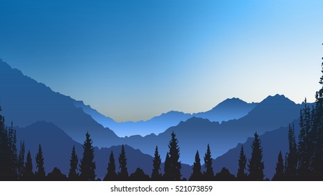 Vector landscape with silhouettes of blue mountains hill with mist, fog, and forest sunrise and sunset in mountains. Nature concept beautiful outdoor background abstract. For a poster, banner, website