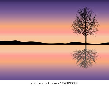Vector landscape with silhouettes of blue Sky with mist and cold sunlight