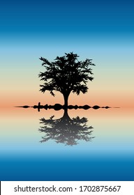 Vector landscape with silhouettes of blue Sky and Tree with shadow on river