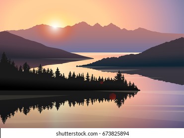 Vector landscape with silhouettes of distant mountains, hills and forest reflecting in a river at sunrise. Illustration of beautiful places of untouched nature. Natural reserve, wildlife sanctuary.