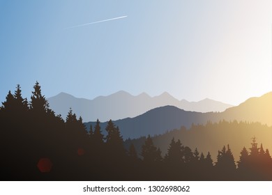 Vector landscape with silhouettes of forested hills and distant mountains at sunrise. Beautiful morning sunlight, awakening of nature