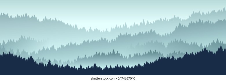 Vector landscape with silhouettes of green coniferous trees in the mist