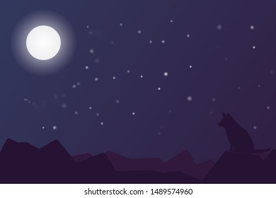 Vector landscape with silhouettes of hills and mountains. fox in the dark vector illustration. 