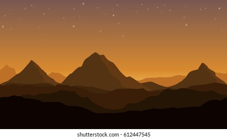 Paisaje vectorial con siluetas de colinas y montañas de postre caliente y cielo de puesta de sol naranja