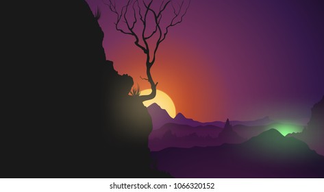 Vector landscape with silhouettes of mountain ridges and forest at sunrise