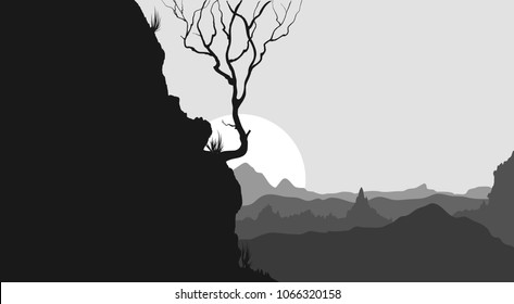 Vector landscape with silhouettes of mountain ridges and forest at sunrise