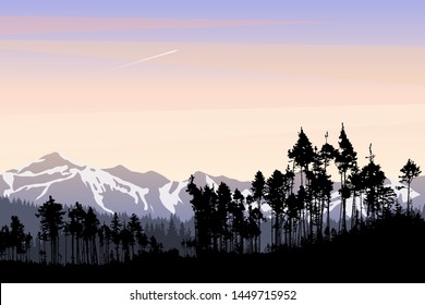 Vector landscape with silhouettes of mountains and forest at dawn before sunrise. Beautiful outdoor scene from national park, natural reserve. Nature background with copy space