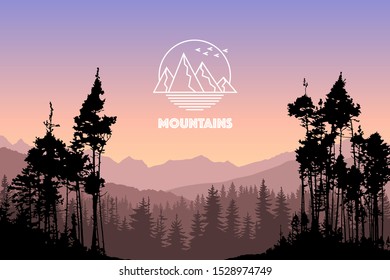 Vector landscape with silhouettes of mountains and forest in the evening after sunset. Beautiful outdoor scene from national park, natural reserve. Nature background with mountain icon, emblem, label