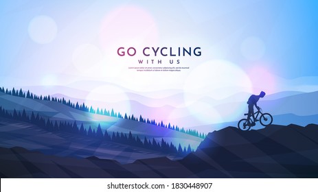 Vector landscape. Silhouettes of mountains, forest, meadow. Cyclist with a backpack rides a mountain bike on the rocks. Mountain trip. Realistic trees. Blue foggy background. Panoramic wallpapers