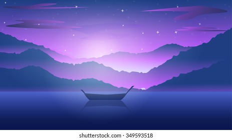 Vector landscape with silhouettes of mountains hill with mist, fog, and forest sunrise and sunset in mountains. Nature concept beautiful outdoor background abstract. For a poster, banner, website
