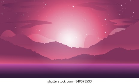Vector landscape with silhouettes of mountains hill with mist, fog, and forest sunrise and sunset in mountains. Nature concept beautiful outdoor background abstract. For a poster, banner, website
