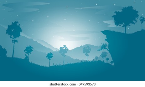 Vector landscape with silhouettes of mountains hill with mist, fog, and forest sunrise and sunset in mountains. Nature concept beautiful outdoor background abstract. For a poster, banner, website
