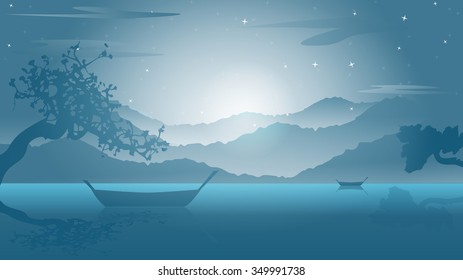 Vector landscape with silhouettes of mountains hill with mist, fog, and forest sunrise and sunset in mountains. Nature concept beautiful outdoor background abstract. For a poster, banner, website
