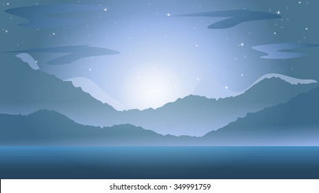 Vector landscape with silhouettes of mountains hill with mist, fog, and forest sunrise and sunset in mountains. Nature concept beautiful outdoor background abstract. For a poster, banner, website