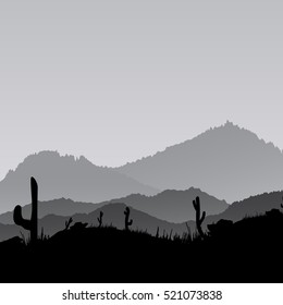 Vector landscape with silhouettes of mountains hill with mist, fog, and forest sunrise and sunset in mountains. Nature concept beautiful outdoor background abstract. For a poster, banner, website
