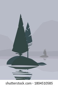 Paisaje vectorial con siluetas de montañas, colinas, lagos y pinos.