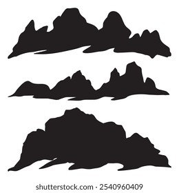 Vector landscape silhouettes of mountains, hills, rocks. Hand drawn mountain peaks set collection. Mountain icons in flat style. Vector mountain hiking background. Mountain range landscape at sunset