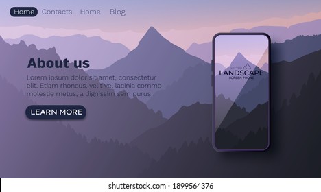 Vector landscape with silhouettes of mountains. Smartphone screen wallpaper mockup. Nature background. Vector illustration.