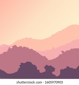 Vector landscape with silhouettes of mountains, with sunrise or sunset sky 