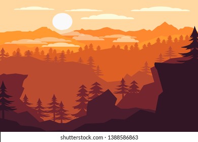 Vector landscape with silhouettes of mountains, trees and sunrise or sunset sky and lens flares