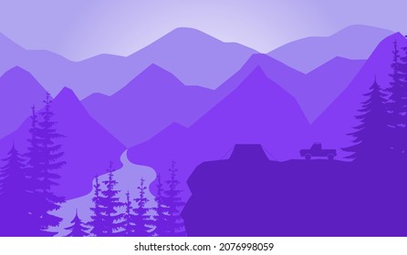 Vector landscape with silhouettes of mountains, trees and with sunrise or sunset sky and travel, dancing in the forest.