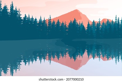 
Paisaje vectorial con siluetas de montañas, árboles y con el cielo y los lagos de amanecer o puesta de sol, ríos.